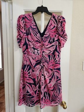 DKNY Tropical Leaf Print Dress Pink Navy Ruched Puff Sleeve 14
